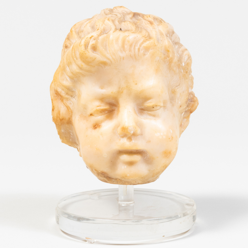 Continental Baroque Carved White Marble Bust of a Cherub