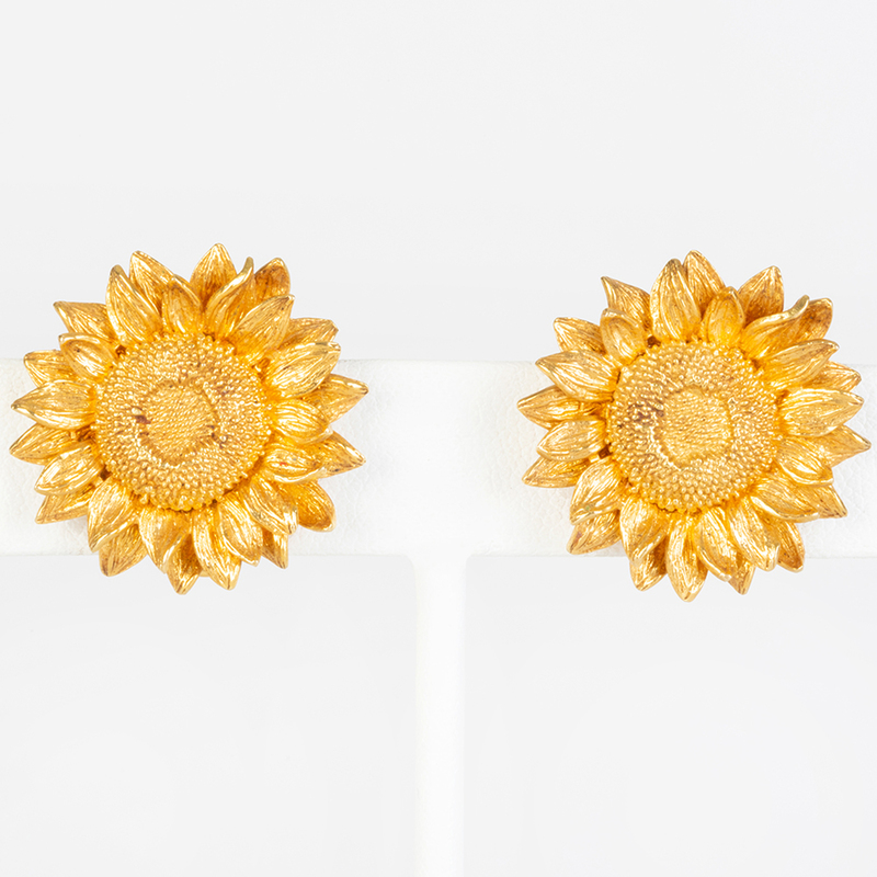 Pair of Asprey 18k Gold Sunflower Earclips