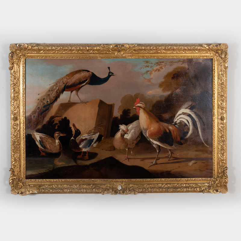 Follower of Melchoir de Hondecoeter (1636-1695): Peacock, Ducks and Chickens in an Open Landscape