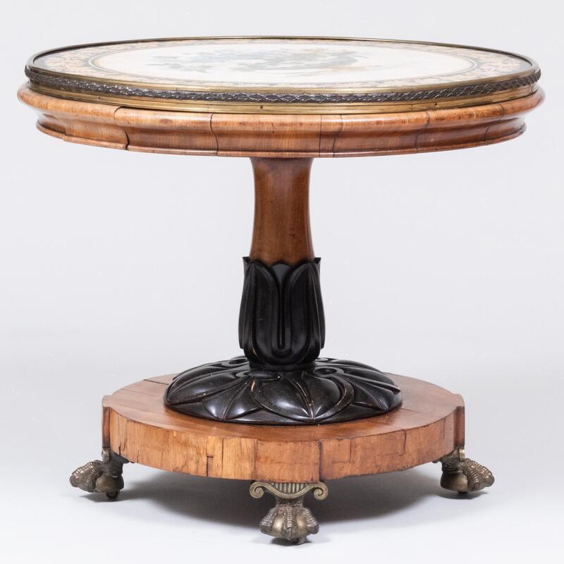 Fine Italian Brass-Mounted Walnut, Ebonized and Scagliola Top Center Table