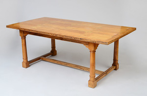 ENGLISH SATINWOOD AND SIENNA MARBLE-INLAID REFECTORY TABLE