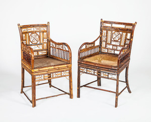 TWO SIMILAR CHINESE EXPORT BAMBOO AND CANED ARMCHAIRS