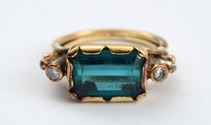 14k Gold, Blue-Green Tourmaline and Diamond Ring