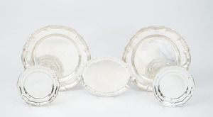 German 835 Silver Small Tray, a Pair of Silver-Plated Trays, and a Pair of Cristofle Plates