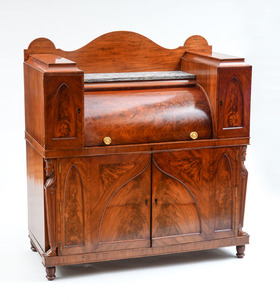 CLASSICAL CARVED MAHOGANY AND FIGURED MAHOGANY CYLINDER-FRONT DESK, PHILADELPHIA OR BALTIMORE, C. 1815