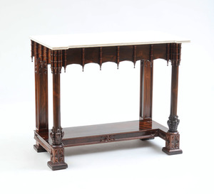 GOTHIC CARVED ROSEWOOD MARBLE-TOP PIER TABLE, PROBABLY NEW YORK, C. 1850