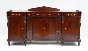 CLASSICAL CARVED MAHOGANY AND FIGURED MAHOGANY SIDEBOARD, PHILADELPHIA OR BALTIMORE, C. 1820