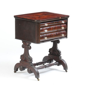 ANTHONY QUERVELLE (ATTRIBUTION), CLASSICAL CARVED MAHOGANY AND FIGURED MAHOGANY VENEER WORK TABLE, PHILADELPHIA, C. 1825