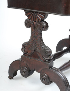ANTHONY QUERVELLE (ATTRIBUTION), CLASSICAL CARVED MAHOGANY AND FIGURED MAHOGANY VENEER WORK TABLE, PHILADELPHIA, C. 1825