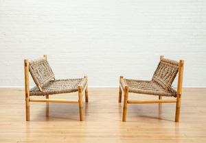PAIR OF WOVEN GRASS CORD AND TURNED WOOD SETTEES