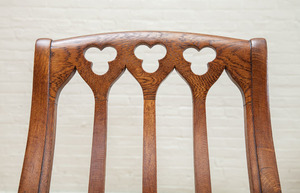 ALEXANDER AND FREDERICK ROUX / NEW YORK, SIX OAK GOTHIC REVIVAL UPHOLSTERED DINING CHAIRS, C. 1850