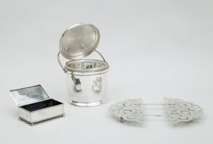 Silver-Plated Ice Bucket with Hinged Lid, a Plated Cigarette Box and an Adjustable Trivet
