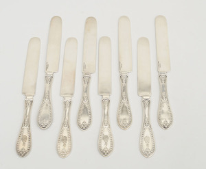 Set of Five Tiffany & Co. Silver Crested Silver Fish Knives and Three Matching Knives by George W. Shiebler & Co.