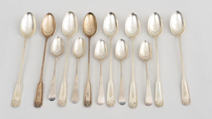 Set of Five Federal Monogrammed Silver Coffee Spoons and a Set of Eight American Monogrammed Silver Iced Tea Spoons, in the 'Fiddle,...
