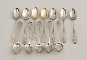 Assembled Group of Twelve Federal Monogrammed Silver Coffee Spoons