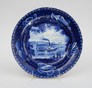 Staffordshire Blue Transfer-Printed Plate, Paddle Steamer, Chief Justice Marshall from Troy, New York