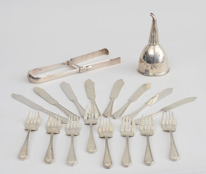 Set of Eight Dominick & Haff Monogrammed Silver Cake Forks and Eight Matching Fruit Knives, in the 'Queen Anne' Pattern