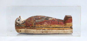 EGYPTIAN CARVED AND PAINTED WOOD FALCON MUMMY CASE AND CLOTH BOUND MUMMY