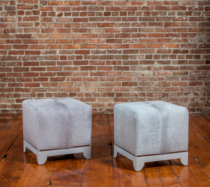 Pair of Hide-Covered and Grey Painted Stools
