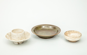 Chinese Green Glazed Porcelain Dish, a White Glazed Porcelain Cup on Stand and a Flat-Glazed Porcelain Small Dish
