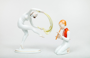 Herend Porcelain Figures of an Art Deco Veil Dancer and a Boy Playing the Recorder