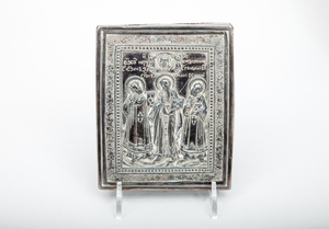 Two Russian Relief Silver Icons and Five Religious Paintings