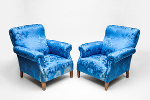 Pair of Blue Damask Upholstered Club Chairs