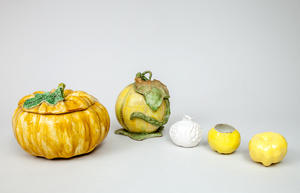 Glazed Pottery Pumpkin Tureen and Cover and Four Glazed Pottery Fruit-Form Table Decorations