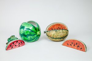Italian Glazed Pottery Watermelon-Form Tureen and Cover and a Painted Wood Model of a Watermelon