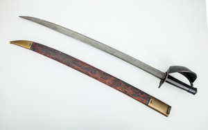 EUROPEAN STEEL-EDGED SWORD WITH CAST-METAL HANDLE AND GUARD AND LEATHER SHEATH