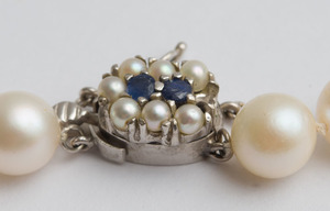 Cultured Pearl Necklace with Sapphire and Pearl Clasp and a Cultured Pearl, 14K White Gold and Diamond Bracelet