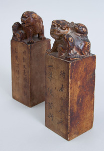 Pair of Chinese Carved Softstone Chops with Buddhistic Lions and Pups