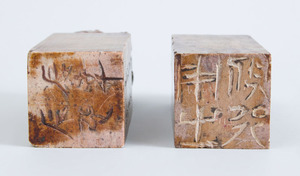 Pair of Chinese Carved Softstone Chops with Buddhistic Lions and Pups