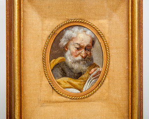 European Oval Miniature Painting of a Bearded Man with Pince Nez Reading Glasses