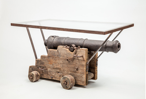 EARLY IRON CANNON, ON A LATER OAK CARRIAGE