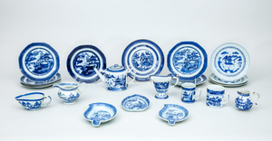 GROUP OF TWENTY-TWO CANTON-PORCELAIN BLUE AND WHITE TABLE ARTICLES, IN THE WILLOW PATTERN