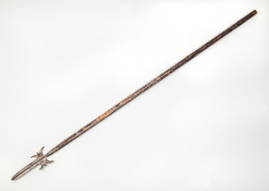 MEDIEVAL STYLE WOOD-HANDLED CUT-METAL HALBERD AND A SPEAR