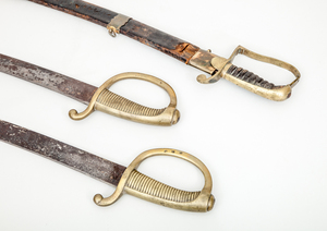 TWO SIMILAR FRENCH BRASS-HANDLED STEEL SABRES