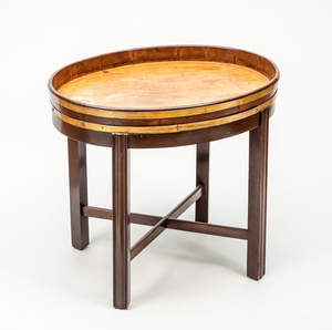 GEORGE III MAHOGANY BRASS-BANDED TRAY ON LATER STAND