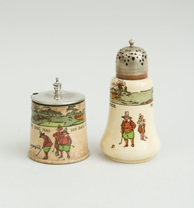 TWO ROYAL DOULTON SILVER-PLATED-MOUNTED GLAZED POTTERY TABLE ARTICLES, ILLUSTRATED FROM CHARLES CROMBIE'S RULES OF GOLF
