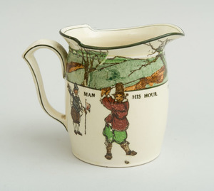 NEAR PAIR OF ROYAL DOULTON GLAZED POTTERY PITCHERS, ILLUSTRATED FROM CHARLES CROMBIE'S RULES OF GOLF