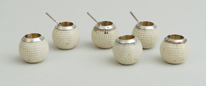 SET OF SIX SCOTTISH COMPOSITION GOLF-BALL-FORM SALTS WITH SILVER-PLATED RIMS & LEVERS