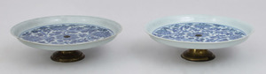 Near Pair of Chinese Blue and White Porcelain Plates, Mounted as Tazzas