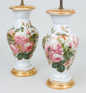 Pair of Painted Glass Vases, Mounted as Lamps