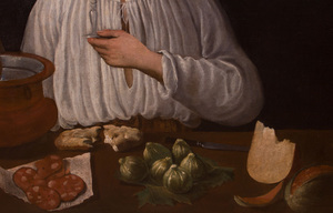 ITALIAN SCHOOL: A SMILING MAN, HOLDING A GLASS OF WINE AT A TABLE, WITH SALAMI, TURNIPS, CHEESE, BREAD, FIGS, MELON AND A COOLING BU...