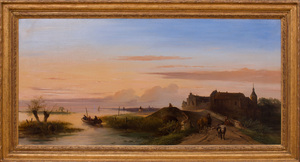 JACOBUS PELGROM (1811-1861): FIGURES BY A BRIDGE IN AN EXTENSIVE RIVER LANDSCAPE AT DUSK