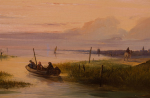 JACOBUS PELGROM (1811-1861): FIGURES BY A BRIDGE IN AN EXTENSIVE RIVER LANDSCAPE AT DUSK