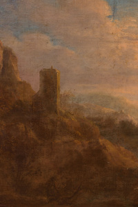 FOLLOWER OF ISAAC DE MOUCHERON (1667-1744): A SOUTHERN MOUNTAINOUS LANDSCAPE WITH HERDSMEN AND THEIR FLOCK NEAR A WATERFALL, A TOWER...