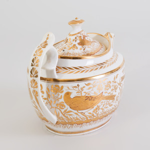 English Gilt-Decorated Porcelain Teapot, Cover, and Stand