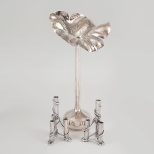 M. M. Evolucao Silver Plate Floriform Vase, and a Pair of English Silver Plate Stump Form Bud Vases